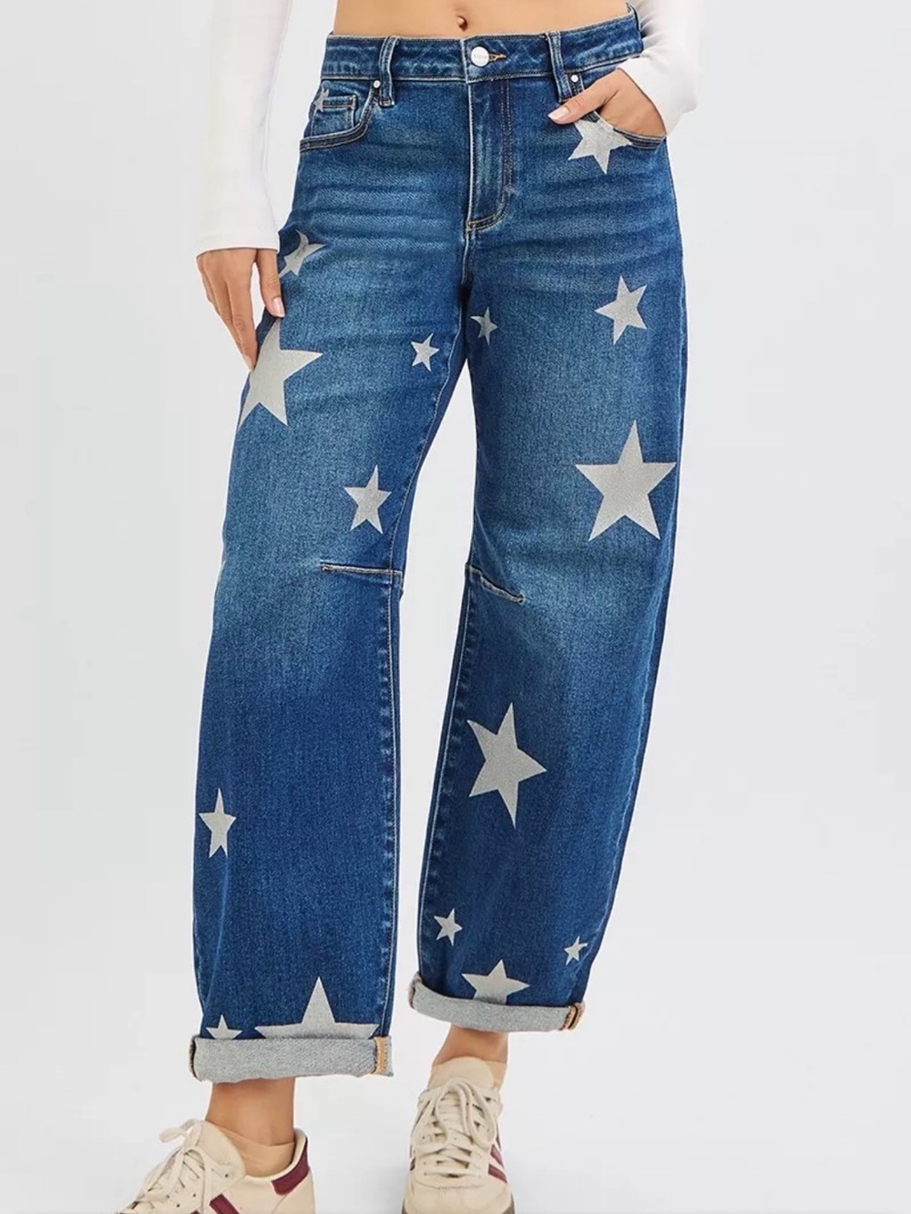 RISEN Mid Rise Ankle Length Relaxed Barrel Star Printed Jean